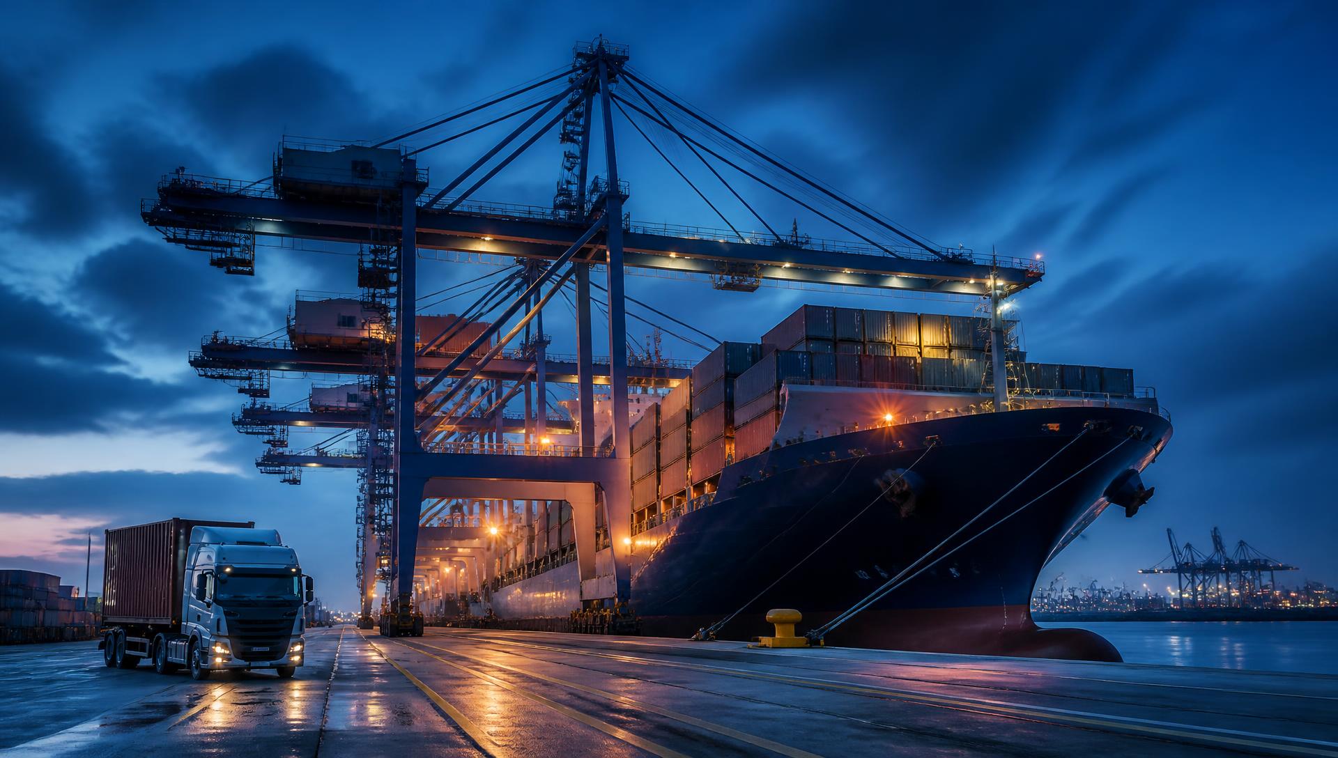 Container ship being loaded at an international port at dusk