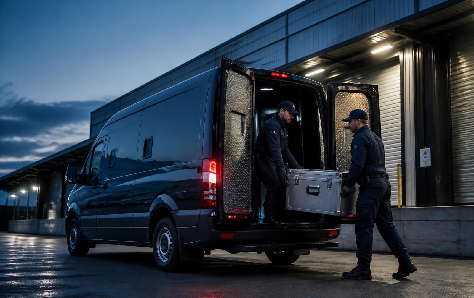 Secure transport van being loaded with a sealed case at a logistics facility